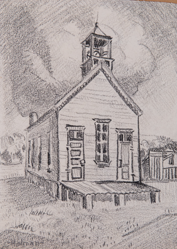 Grandma Morns School House is an original ink drawing measuring 9.5 � 6.5 inches, completed in 1950 by American Expressionist Landscape painter Bud Holman.