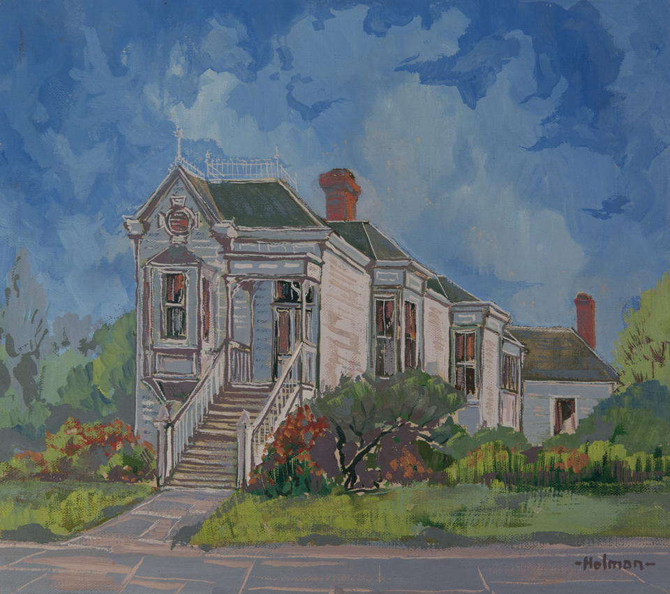 Flood Mansion Gatehouse is an original pencil painting measuring 9.5 � 14.5 inches, completed in 1950 by American Expressionist Landscape painter Bud Holman.