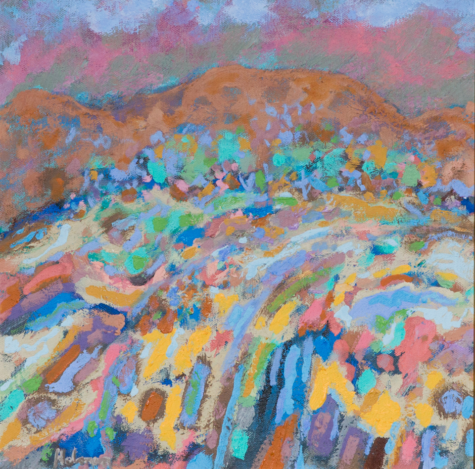 untitled is an original oil on canvas painting measuring 11.5 � 11.5 inches, completed in 1990 by American Expressionist Landscape painter Bud Holman.
