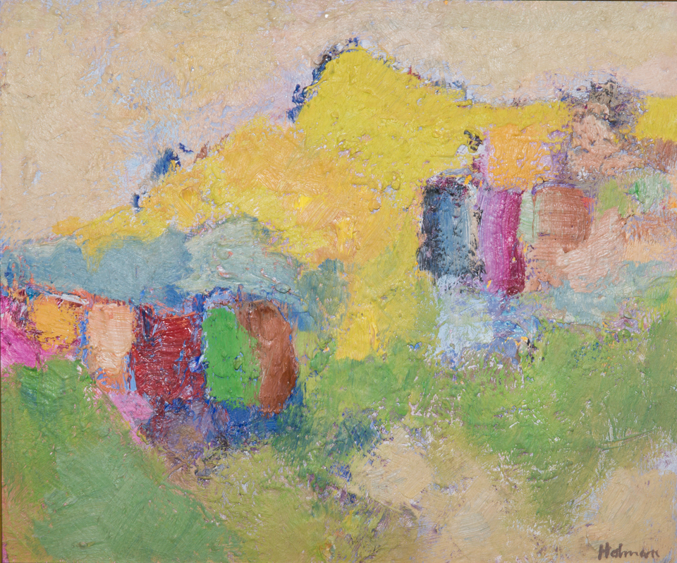 untitled is an original oil on canvas painting measuring 11.5 � 13.5 inches, completed in 1969 by American Expressionist Landscape painter Bud Holman.
