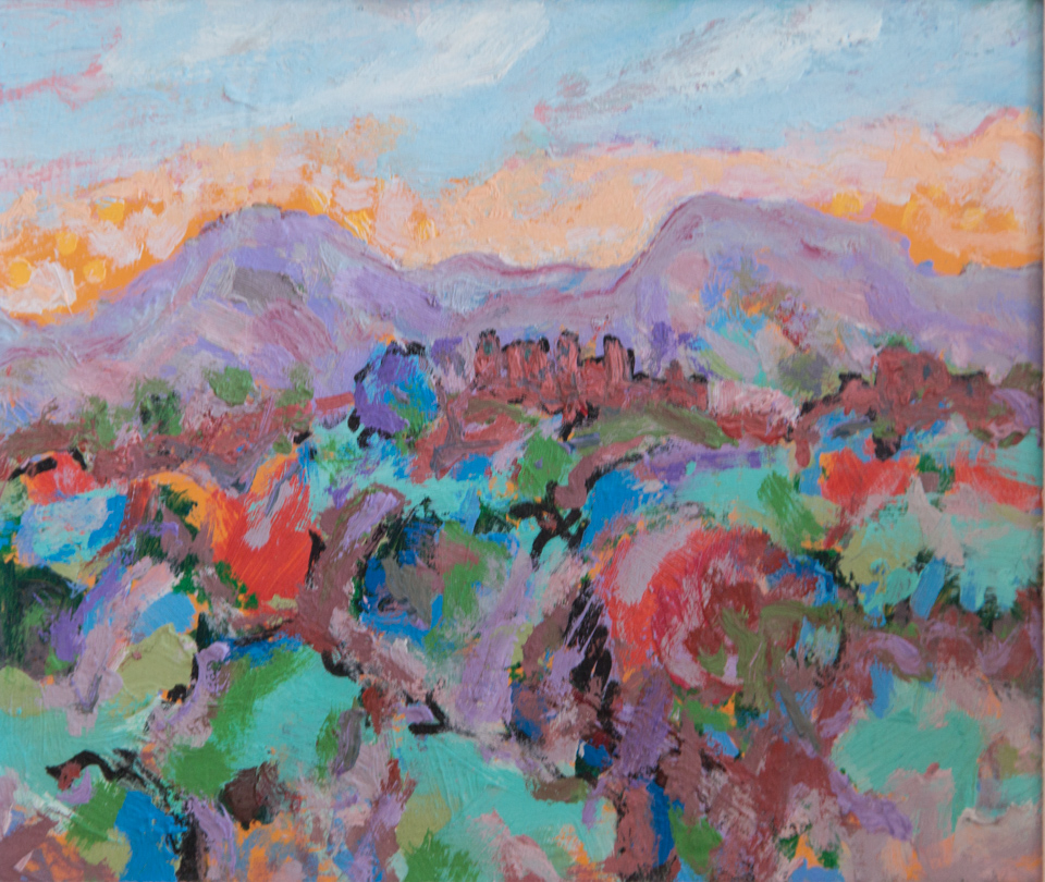 untitled is an original oil on canvas painting measuring 7 � 8 inches, completed in 1985 by American Expressionist Landscape painter Bud Holman.
