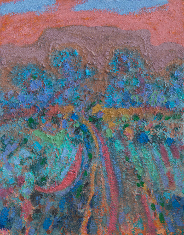 untitled is an original oil on canvas painting measuring 18 � 14 inches, completed in 2002 by American Expressionist Landscape painter Bud Holman.