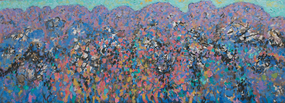 Santa Catalina Mountains is an original oil on panel painting measuring 20 � 54 inches, completed in 1990 by American Expressionist Landscape painter Bud Holman.