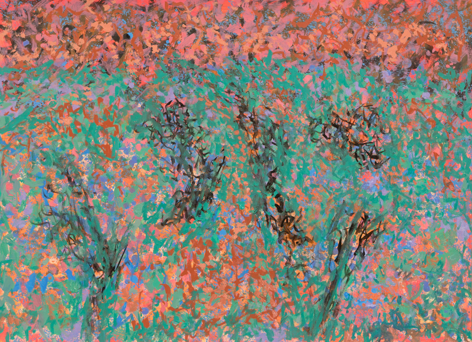 Desert Near San Xavier #6 is an original oil on rag paper painting measuring 22 � 30 inches, completed in 2012 by American Expressionist Landscape painter Bud Holman.
