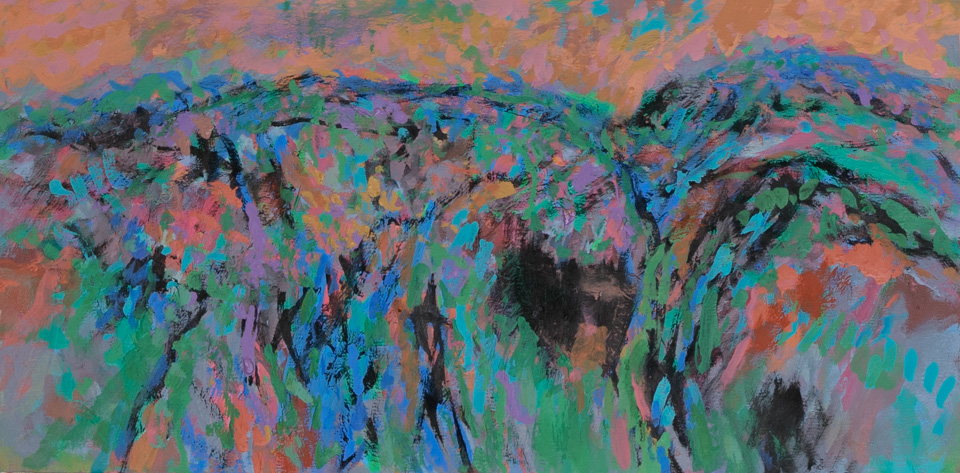 Rancho Santa Cruz #13 is an original oil on canvas painting measuring 12 � 24 inches, completed in 2016 by American Expressionist Landscape painter Bud Holman.