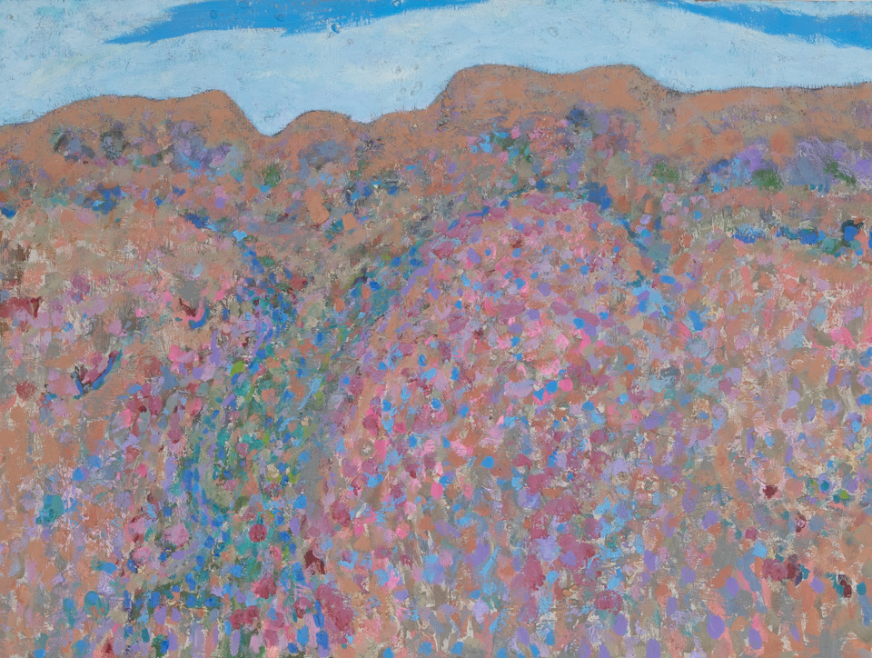 Santa Fe #5 is an original oil on masonite painting measuring 24 � 32 inches, completed in 1979 by American Expressionist Landscape painter Bud Holman.