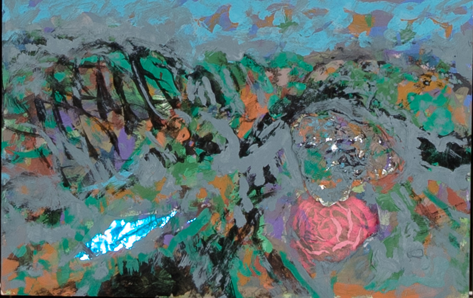 Landscape with Rose #2 is an original collage with oil painting collage measuring 8 � 12 inches, completed in 2016 by American Expressionist Landscape painter Bud Holman.
