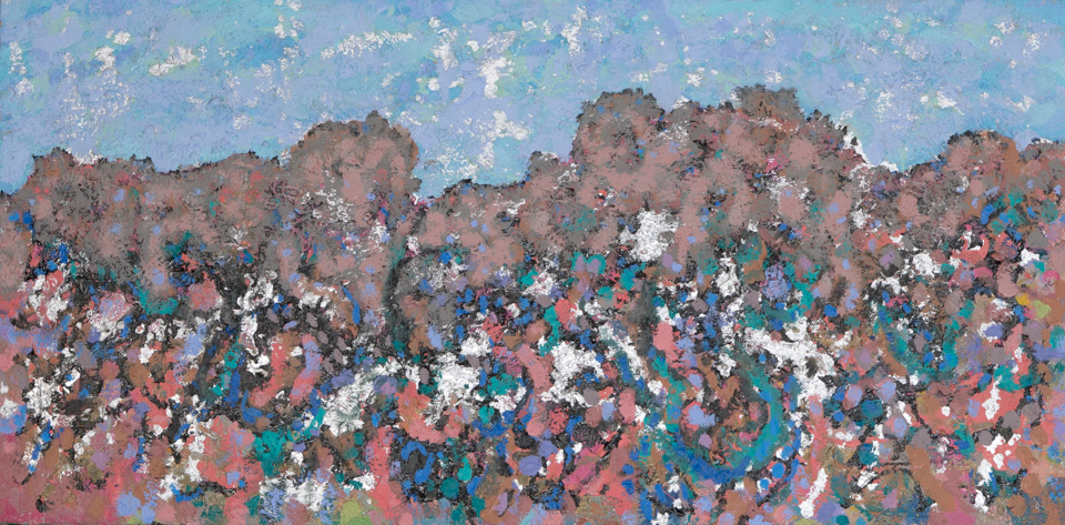 Tucson #32 is an original oil on canvas painting measuring 16 � 32 inches, completed in 1988 by American Expressionist Landscape painter Bud Holman.