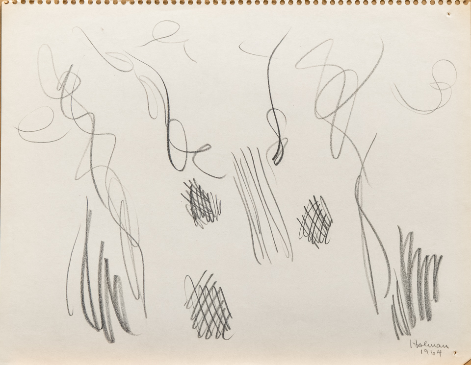 unnamed is an original crayon drawing measuring 11 � 15.5 inches, completed in 1964 by American Expressionist Landscape painter Bud Holman.