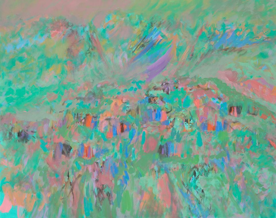 Burgenstock #6 is an original oil on canvas painting measuring 24 � 30 inches, completed in 2016 by American Expressionist Landscape painter Bud Holman.
