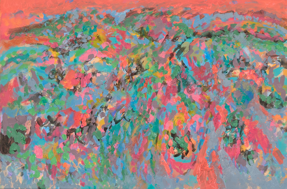 Nogales #136 is an original oil on masonite painting measuring 16 � 23.5 inches, completed in 2016 by American Expressionist Landscape painter Bud Holman.