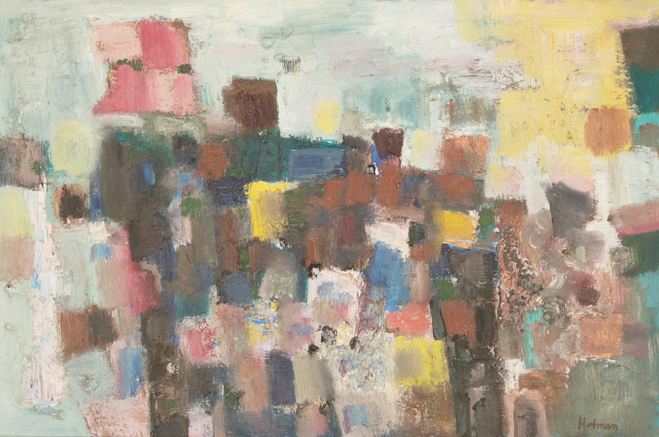NYC, NY is an original oil on masonite painting measuring 16 � 24 inches, completed in 1955 by American Expressionist Landscape painter Bud Holman.