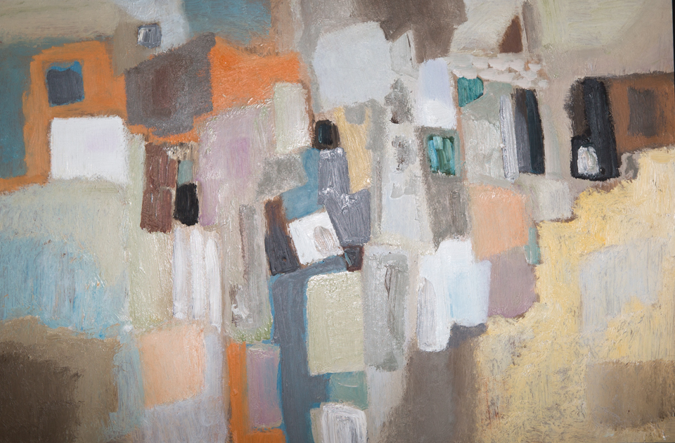 New York #3 is an original oil on panel painting measuring 16 × 24 inches, completed in 1955 by American Expressionist Landscape painter Bud Holman.