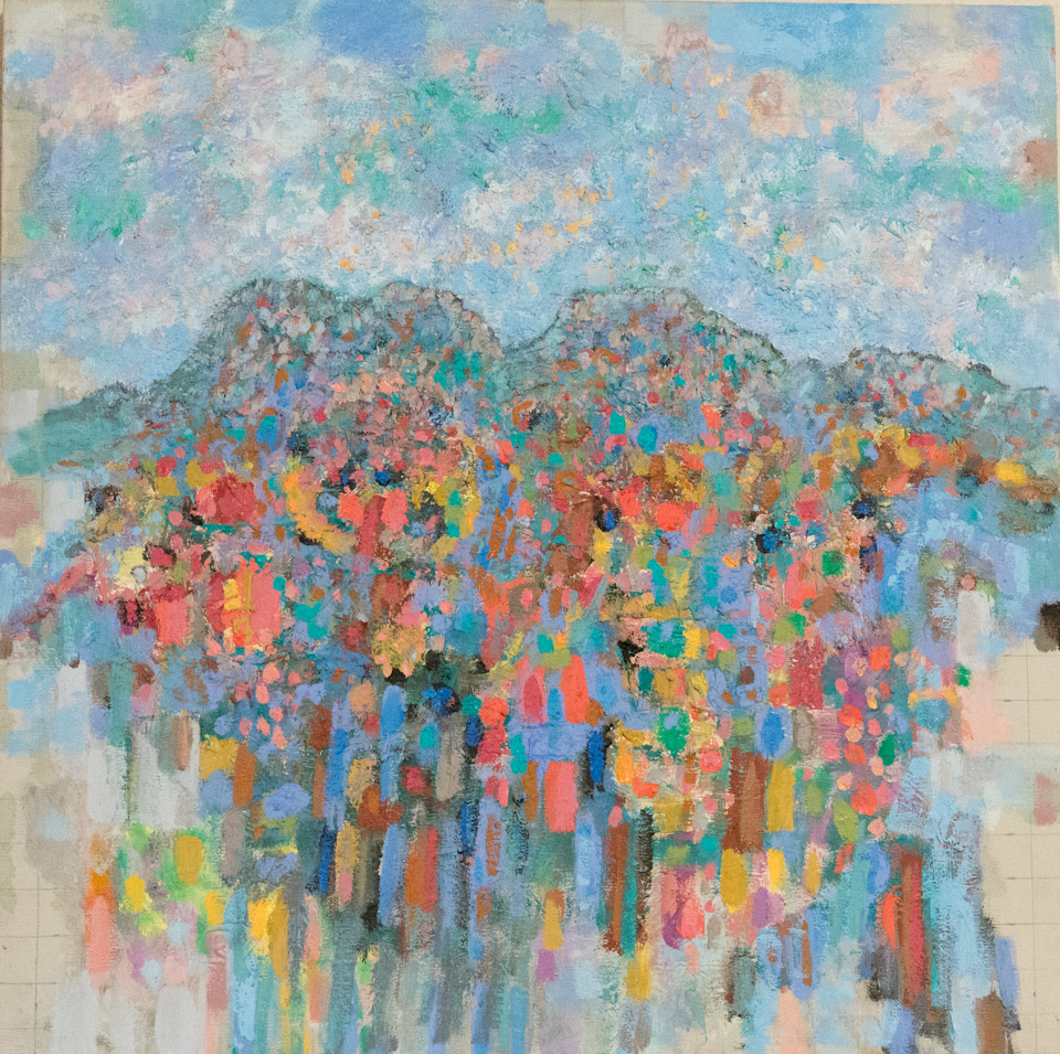 untitled is an original oil on canvas painting measuring 24 × 24 inches, completed in 1985 by American Expressionist Landscape painter Bud Holman.