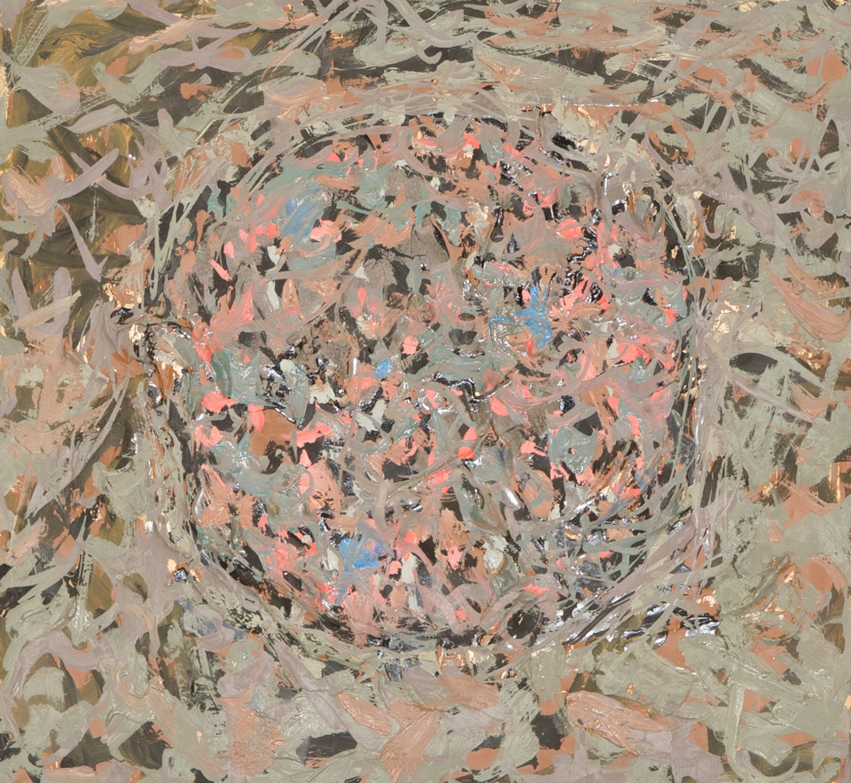 Mud Pie #71 is an original oil on styrofoam painting measuring 13 × 14 inches, completed in 1983 by American Expressionist Landscape painter Bud Holman.