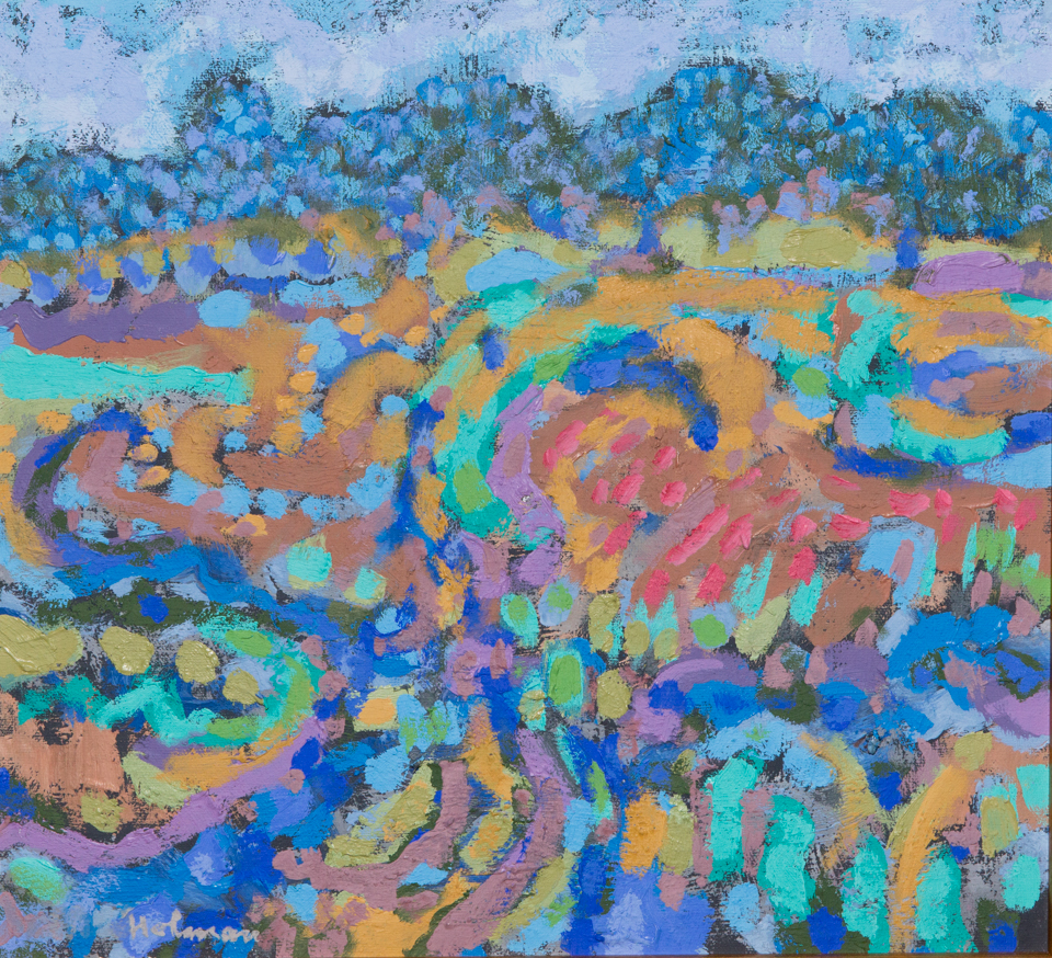untitled is an original oil on canvas painting measuring 12.5 × 13.75 inches, completed in 1990 by American Expressionist Landscape painter Bud Holman.