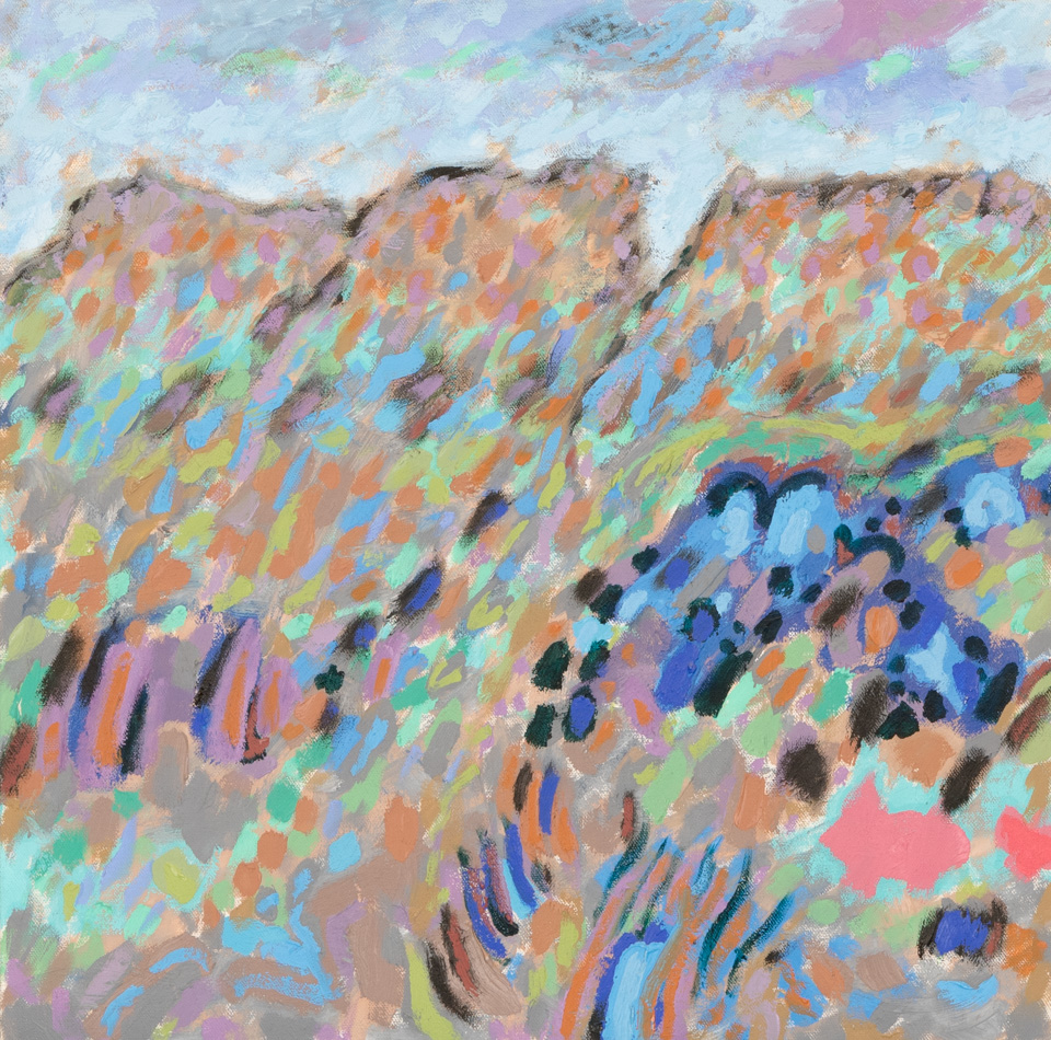 Nogales #185 is an original oil on canvas painting measuring 18 × 18 inches, completed in 2012 by American Expressionist Landscape painter Bud Holman.
