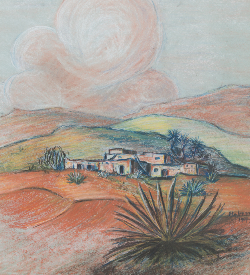 untitled is an original chalk drawing measuring 15.5 × 14 inches, completed in 1944 by American Expressionist Landscape painter Bud Holman.