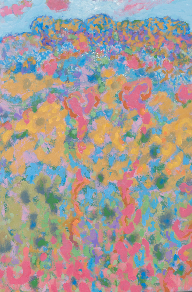 untitled is an original oil on panel painting measuring 22.75 × 15 inches, completed in 1989 by American Expressionist Landscape painter Bud Holman.