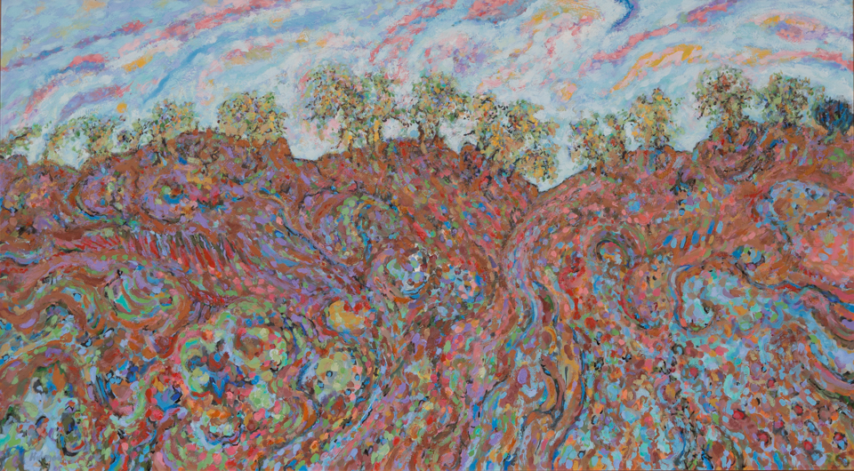 Georgia is an original oil on canvas painting measuring 29.5 × 53 inches, completed in 2003 by American Expressionist Landscape painter Bud Holman.