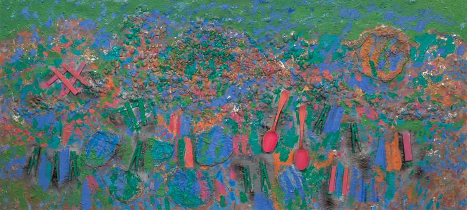 Santa Fe Trail is an original mixed media painting measuring 24.5 × 52 inches, completed in 2013 by American Expressionist Landscape painter Bud Holman.