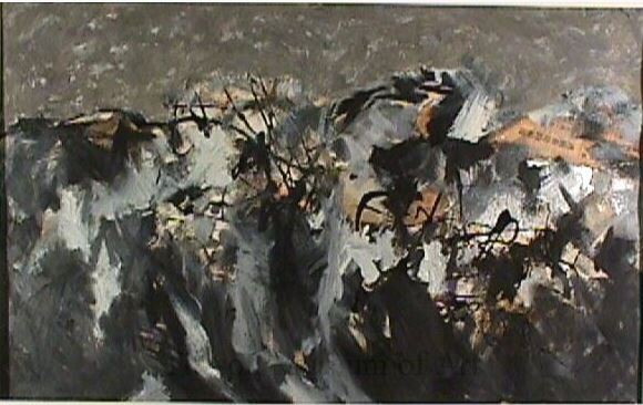 LANDSCAPE #105 is an original oil on canvas painting measuring 14 × 22.5 inches, completed in 1961 by American Expressionist Landscape painter Bud Holman.