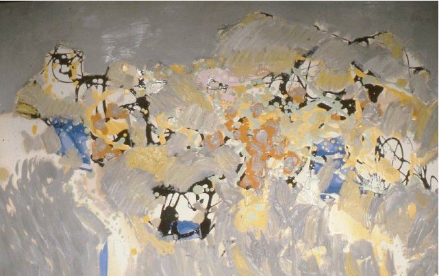 LANDSCAPE #87 is an original oil on canvas painting measuring 14 × 22.5 inches, completed in 1961 by American Expressionist Landscape painter Bud Holman.