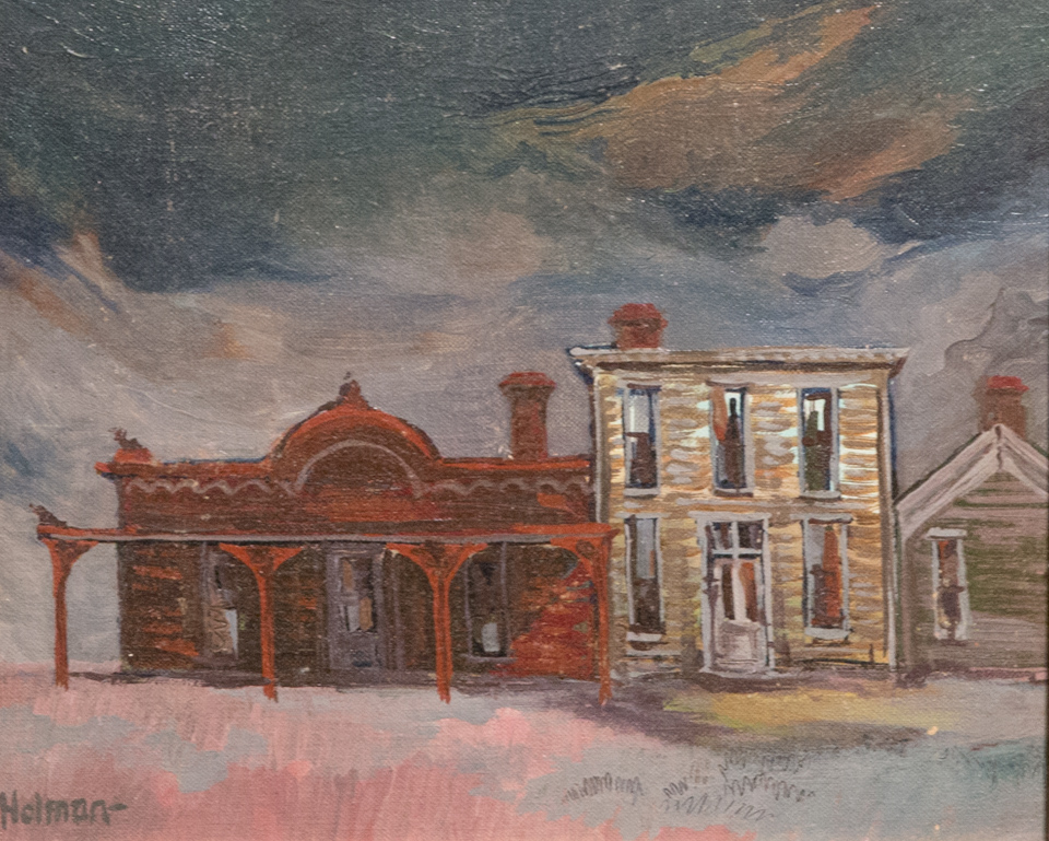 Kansas Ghost Town 2 is an original oil on panel painting measuring 12 × 14 inches, completed in 1953 by American Expressionist Landscape painter Bud Holman.