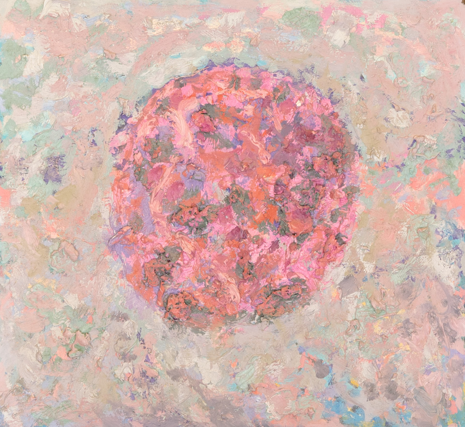 Mud Pie #73 is an original oil on masonite painting measuring 13 × 14 inches, completed in 1983 by American Expressionist Landscape painter Bud Holman.