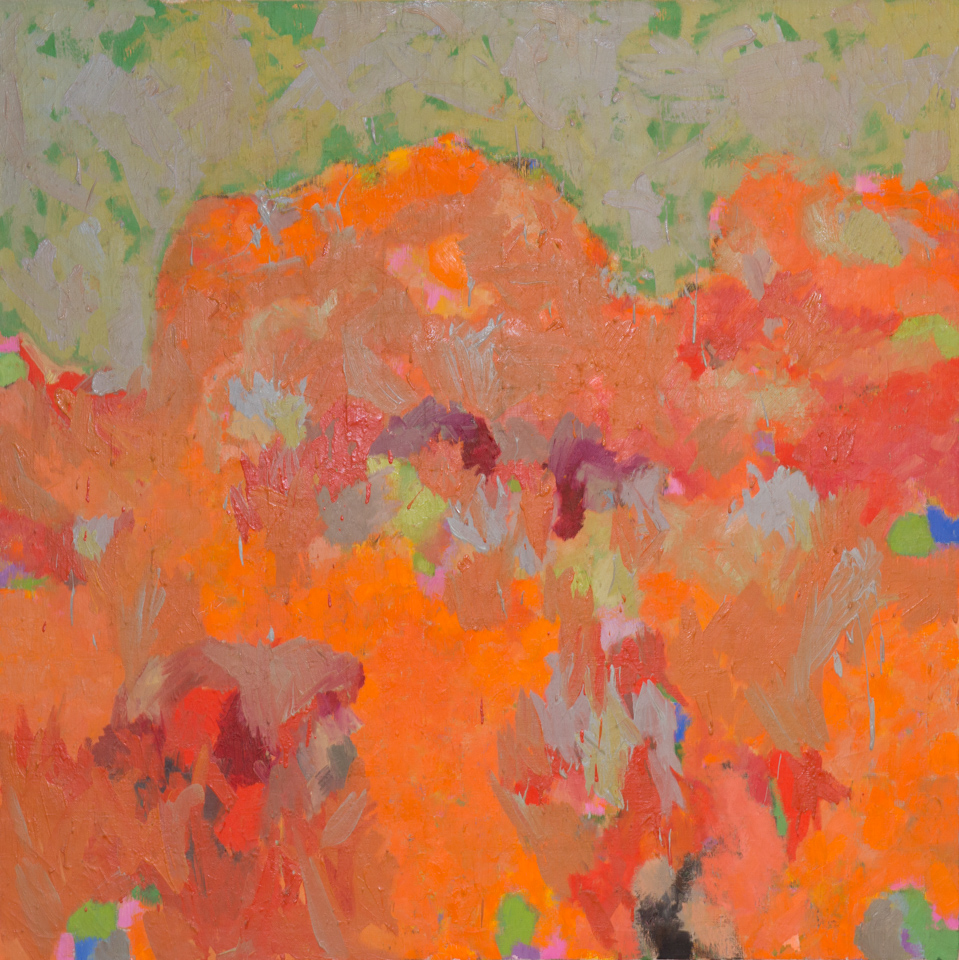 Kansas Sunset is an original oil on canvas painting measuring 50 × 49.75 inches, completed in 1965 by American Expressionist Landscape painter Bud Holman.