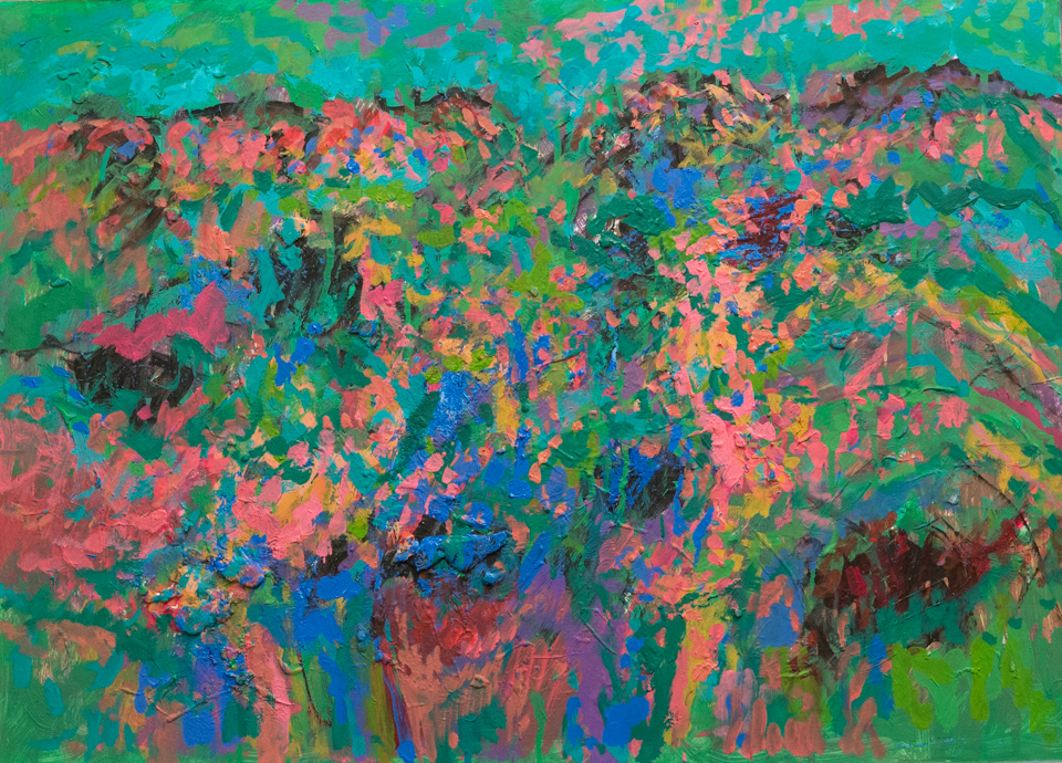 Shawnee 3 is an original oil on masonite painting measuring 20.5 × 28.5 inches, completed in 2016 by American Expressionist Landscape painter Bud Holman.
