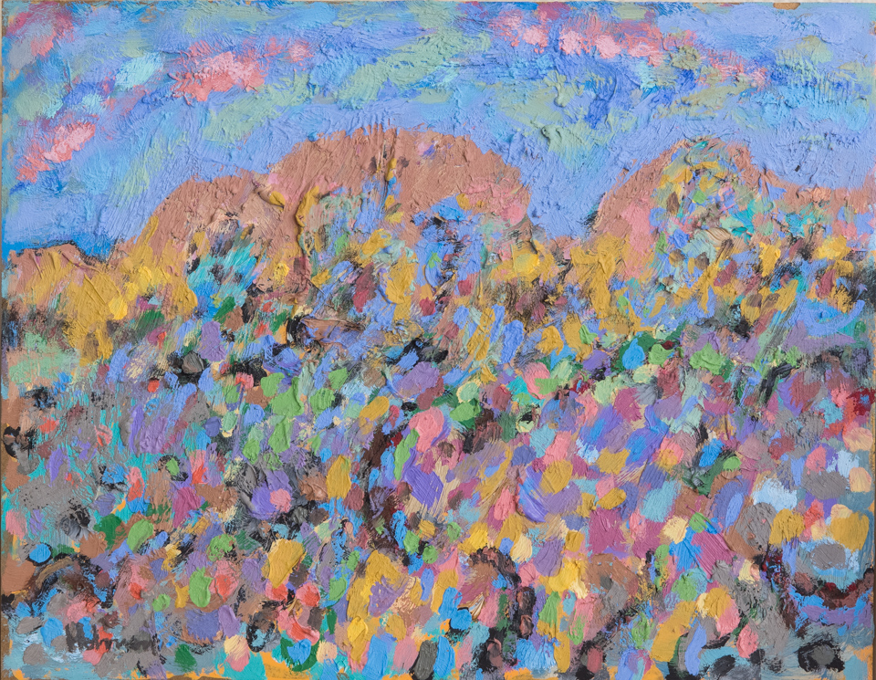 unnamed is an original oil on masonite painting measuring 11.5 × 14 inches, completed in 1999 by American Expressionist Landscape painter Bud Holman.