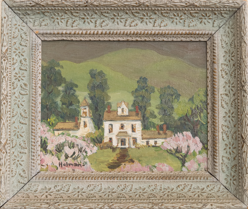 Peach Tree Blossoms near Los Altos is an original oil on board painting measuring 7.5 × 9.5 inches, completed in 1947 by American Expressionist Landscape painter Bud Holman.