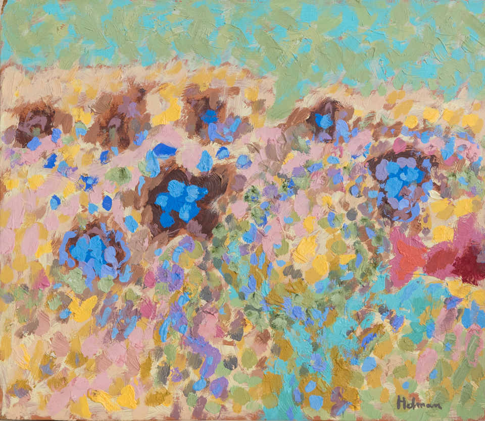 unnamed is an original oil on masonite painting measuring 10 × 11 inches, completed in 1999 by American Expressionist Landscape painter Bud Holman.