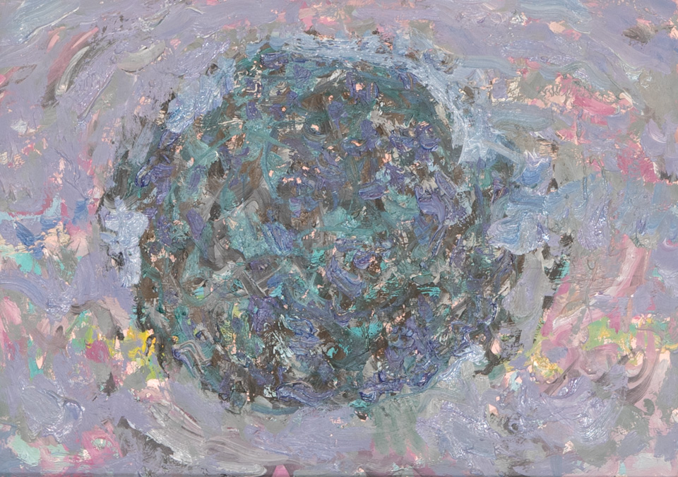 Mud Pie #93 is an original oil on masonite painting measuring 10 × 14 inches, completed in 1983 by American Expressionist Landscape painter Bud Holman.