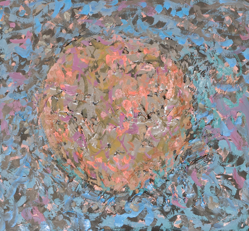 Mud Pie #99 is an original oil on styrofoam painting measuring 13 × 14 inches, completed in 1983 by American Expressionist Landscape painter Bud Holman.