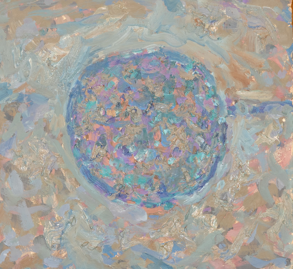 Mud Pie #101 is an original oil on styrofoam painting measuring 13 × 14 inches, completed in 1983 by American Expressionist Landscape painter Bud Holman.