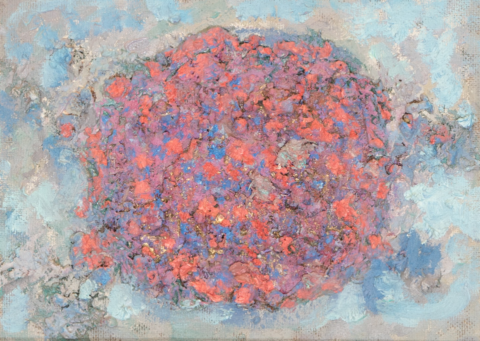 Mud Pie #106 is an original oil on masonite painting measuring 10 × 14 inches, completed in 1983 by American Expressionist Landscape painter Bud Holman.