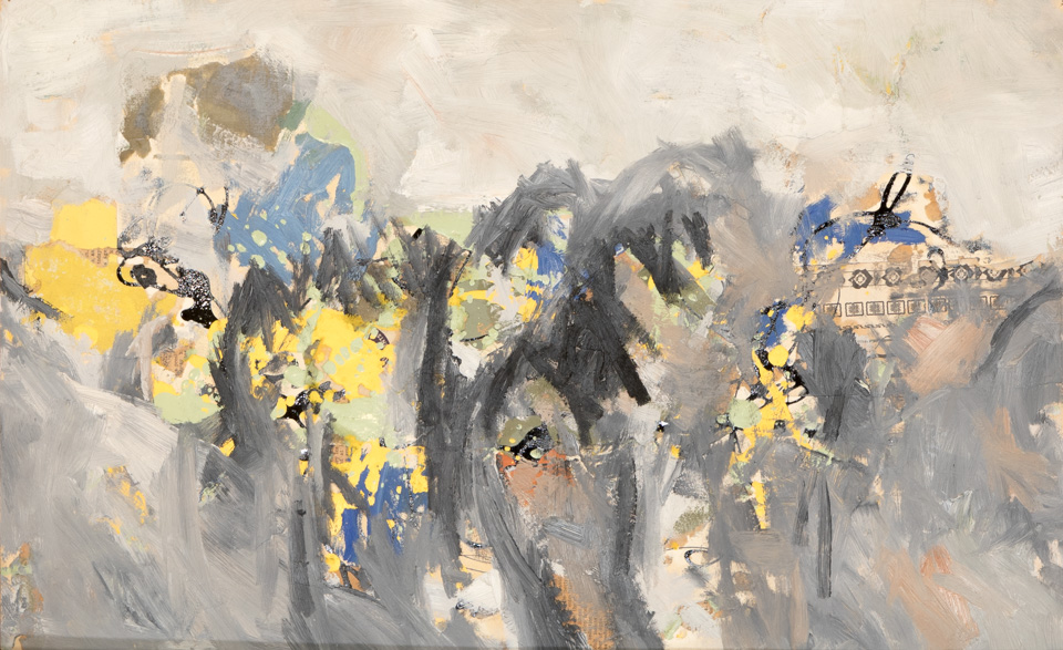 Sagaponack #9 is an original collage with oil painting collage measuring 14 × 22.5 inches, completed in 1964 by American Expressionist Landscape painter Bud Holman.