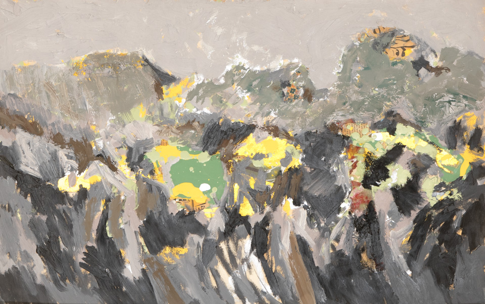 Sagaponack #18 is an original collage with oil painting collage measuring 14 × 22.5 inches, completed in 1964 by American Expressionist Landscape painter Bud Holman.