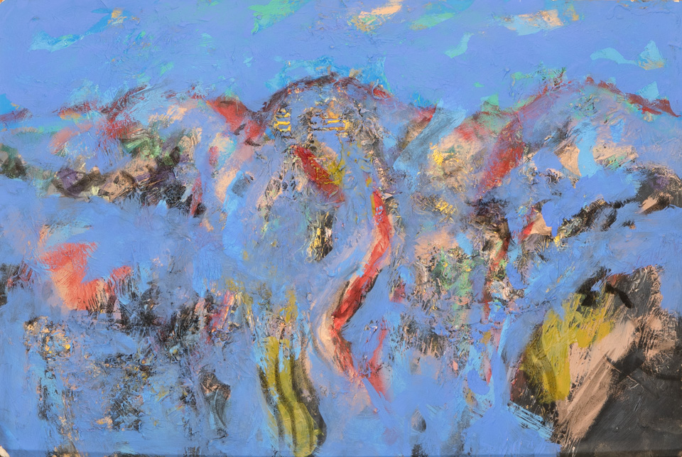 Tuareg Landscape 4 is an original collage with oil painting collage measuring 14 × 22 inches, completed in 1974 by American Expressionist Landscape painter Bud Holman.
