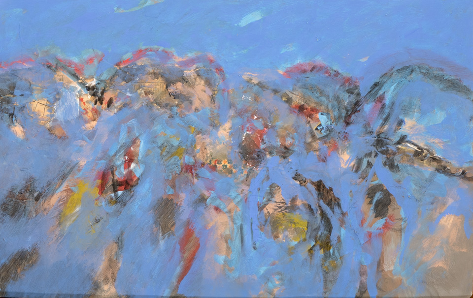 Tuareg Landscape #5 is an original collage with oil painting collage measuring 14 × 22.5 inches, completed in 1974 by American Expressionist Landscape painter Bud Holman.