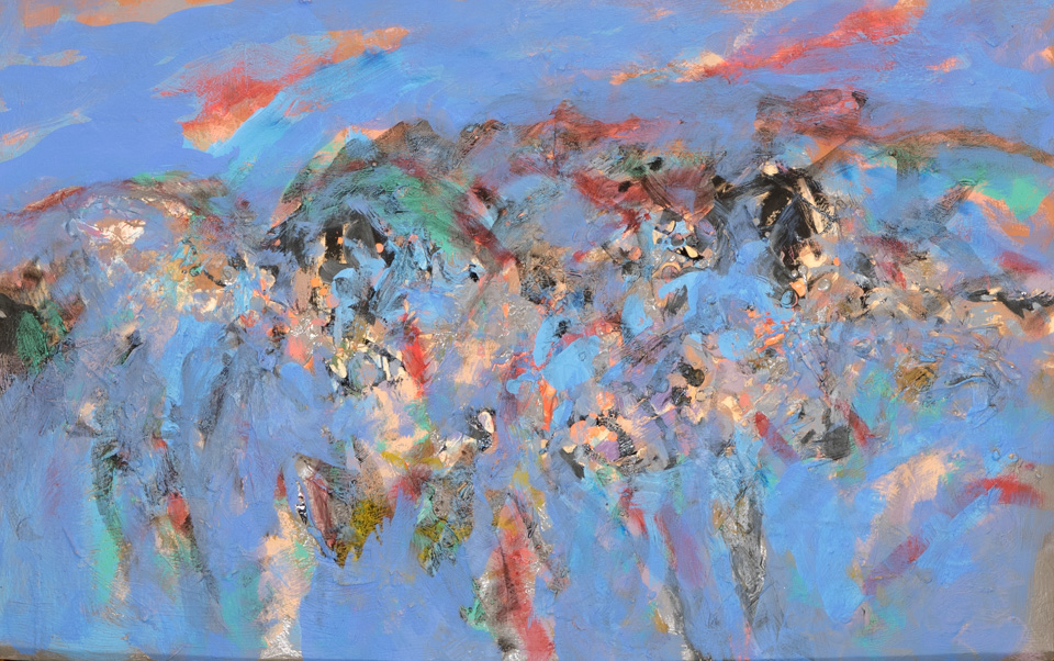 Tuareg Landscape #6 is an original collage with oil painting collage measuring 14 × 22.5 inches, completed in 1974 by American Expressionist Landscape painter Bud Holman.