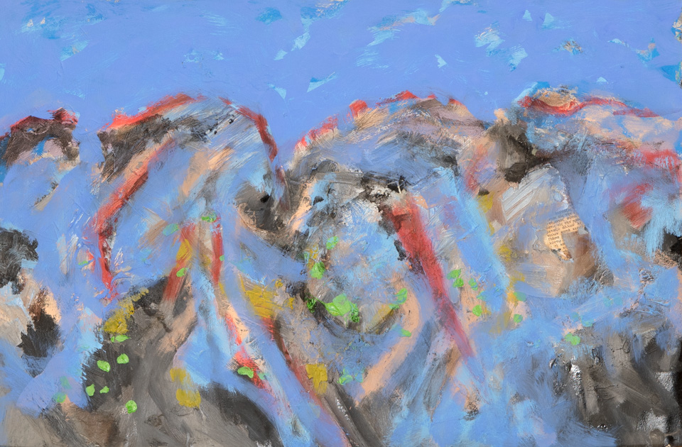 Tuareg Landscape #10 is an original collage with oil painting collage measuring 15 × 22.5 inches, completed in 1974 by American Expressionist Landscape painter Bud Holman.