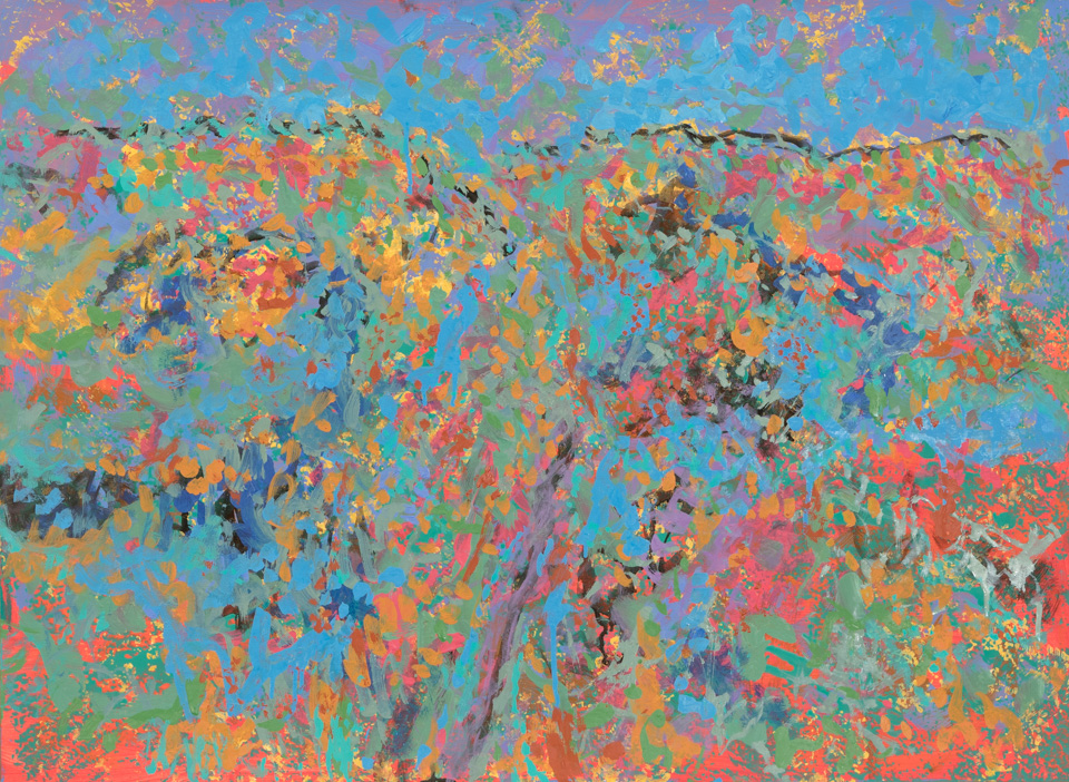 Desert Near San Xavier #3 is an original oil on rag paper painting measuring 22 × 30 inches, completed in 2012 by American Expressionist Landscape painter Bud Holman.