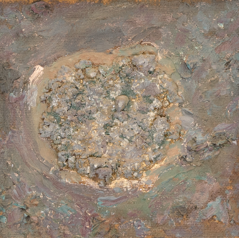 Mud Pie #114 is an original oil on masonite painting measuring 10 × 10 inches, completed in 1992 by American Expressionist Landscape painter Bud Holman.