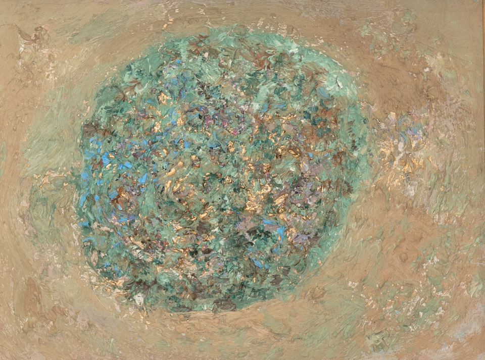 Mud Pie #115 is an original oil on canvas painting measuring 12 × 16 inches, completed in 1991 by American Expressionist Landscape painter Bud Holman.