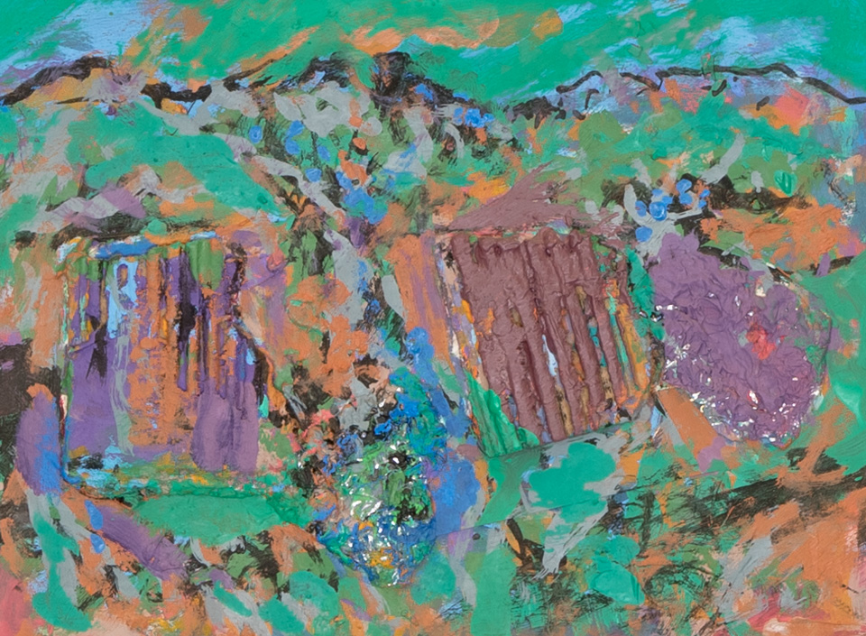Nogales #220 is an original collage with oil painting collage measuring 9 × 12 inches, completed in 2016 by American Expressionist Landscape painter Bud Holman.