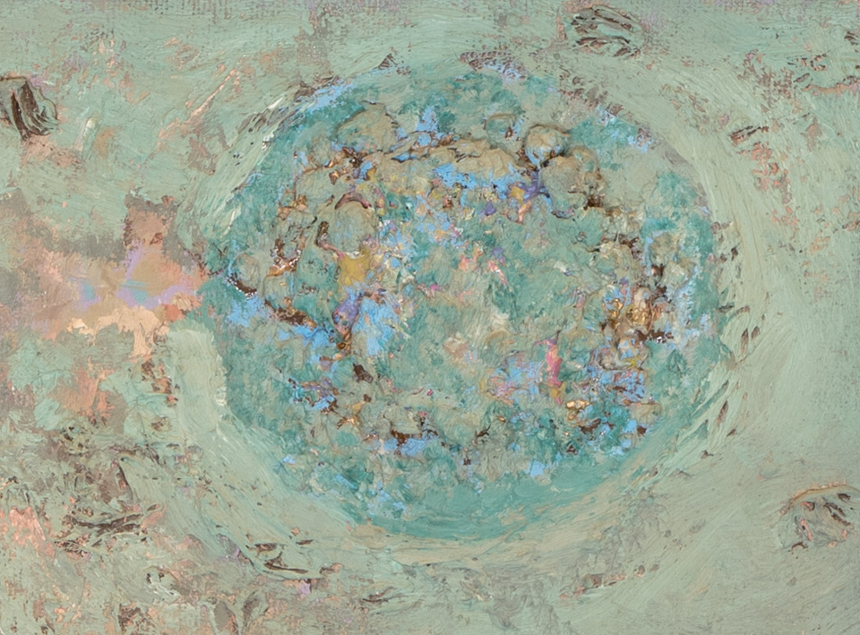 Mud Pie #117 is an original oil on masonite painting measuring 9 × 12 inches, completed in 1979 by American Expressionist Landscape painter Bud Holman.