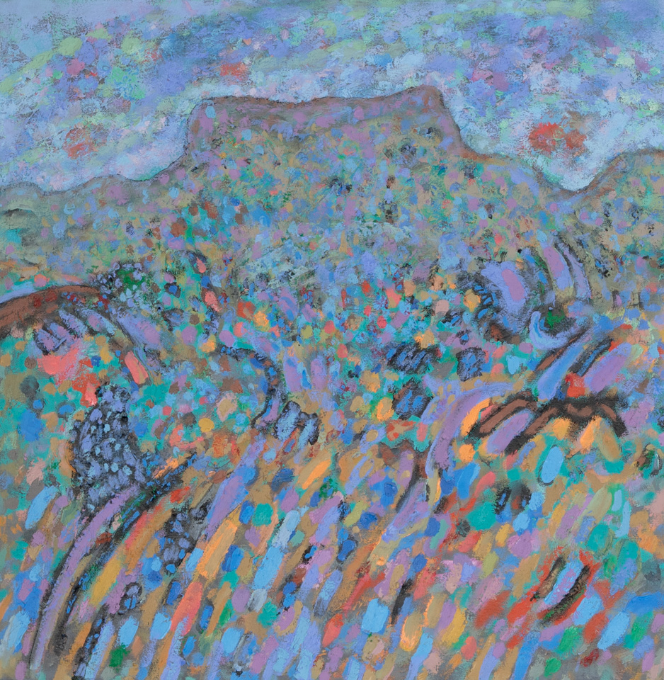 Desert Mesa is an original oil on canvas painting measuring 24 × 24 inches, completed in 1994 by American Expressionist Landscape painter Bud Holman.